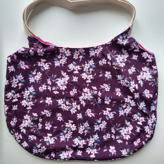 Shopping bag, reversible, size medium, purple flowers (Handmade in Canada)