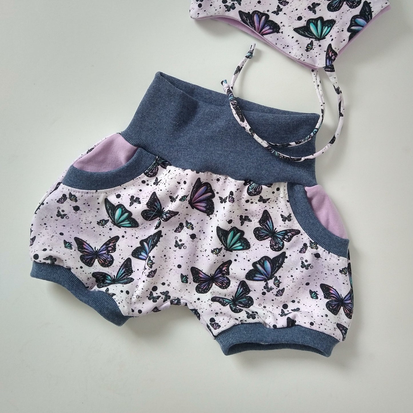 Baby summer shorts, size EUR 62 cm / US 2-4 months, purple butterfly mix and match (Handmade in Canada)