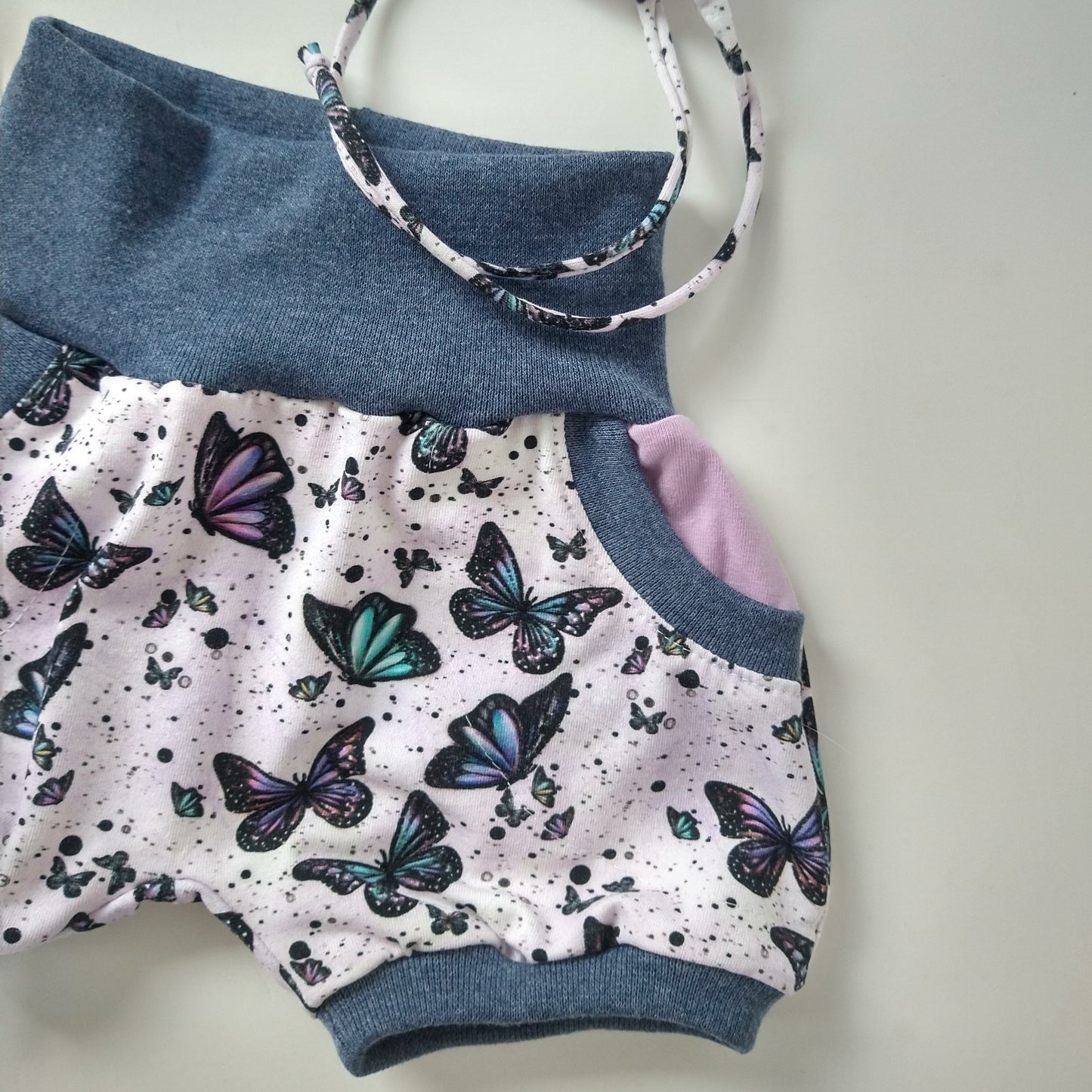 Baby summer shorts, size EUR 62 cm / US 2-4 months, purple butterfly mix and match (Handmade in Canada)