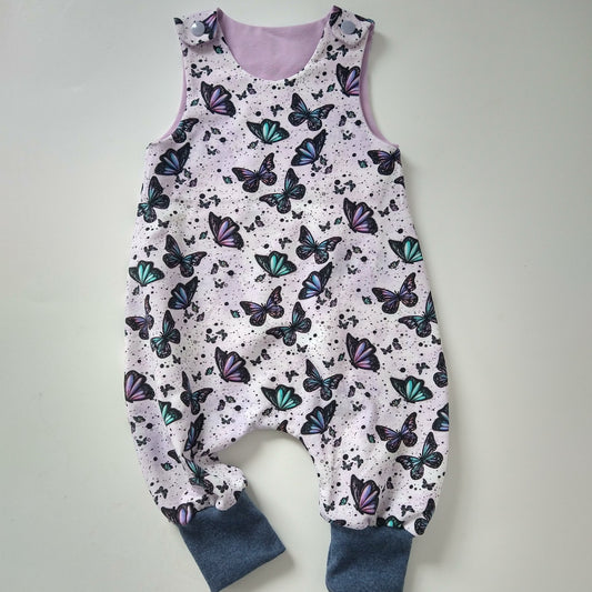 Baby romper, size EUR 62 cm / US 2-4 months, purple butterfly mix and match (Handmade in Canada)