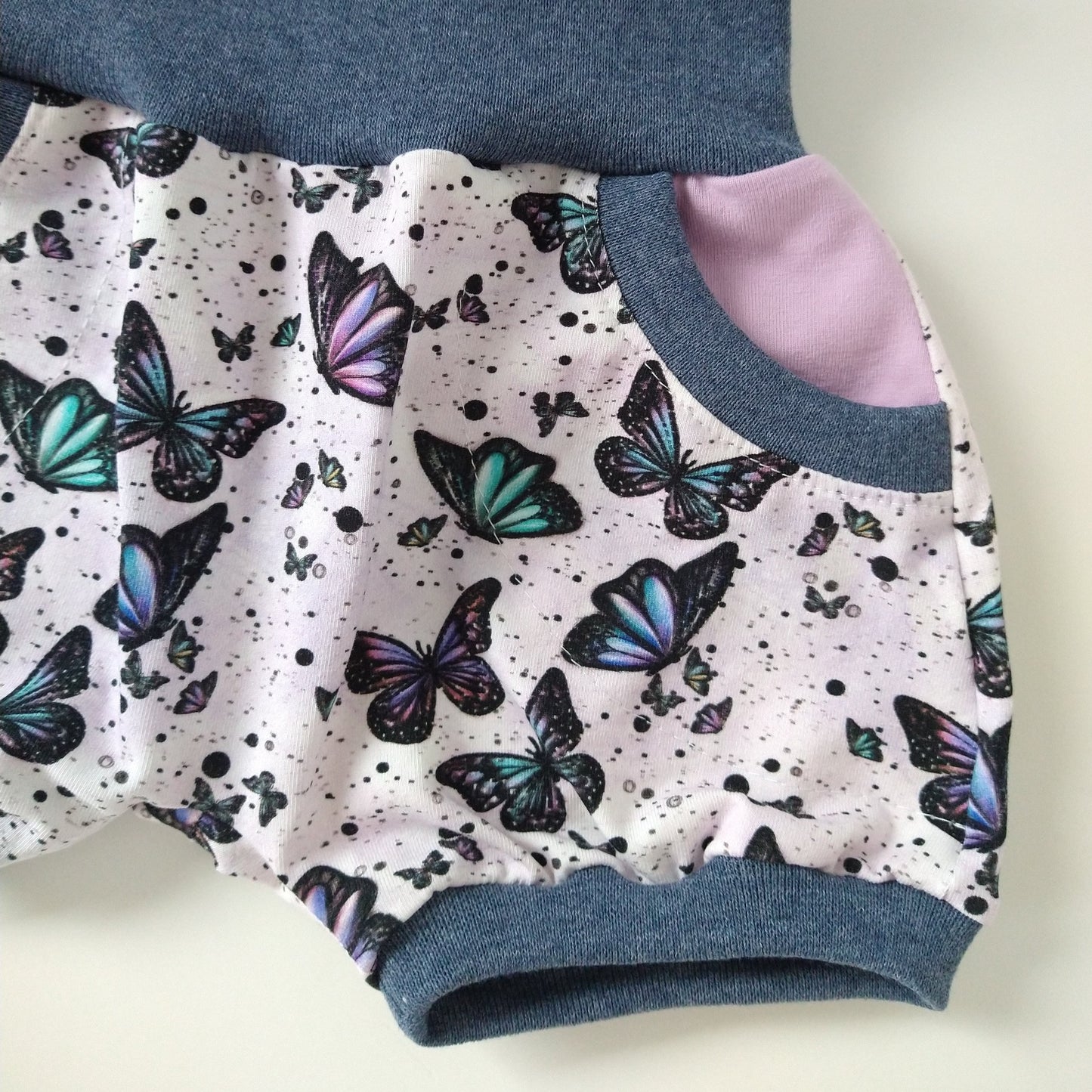 Baby summer shorts, size EUR 74 cm / US 7-9 months, purple butterfly mix and match (Handmade in Canada)