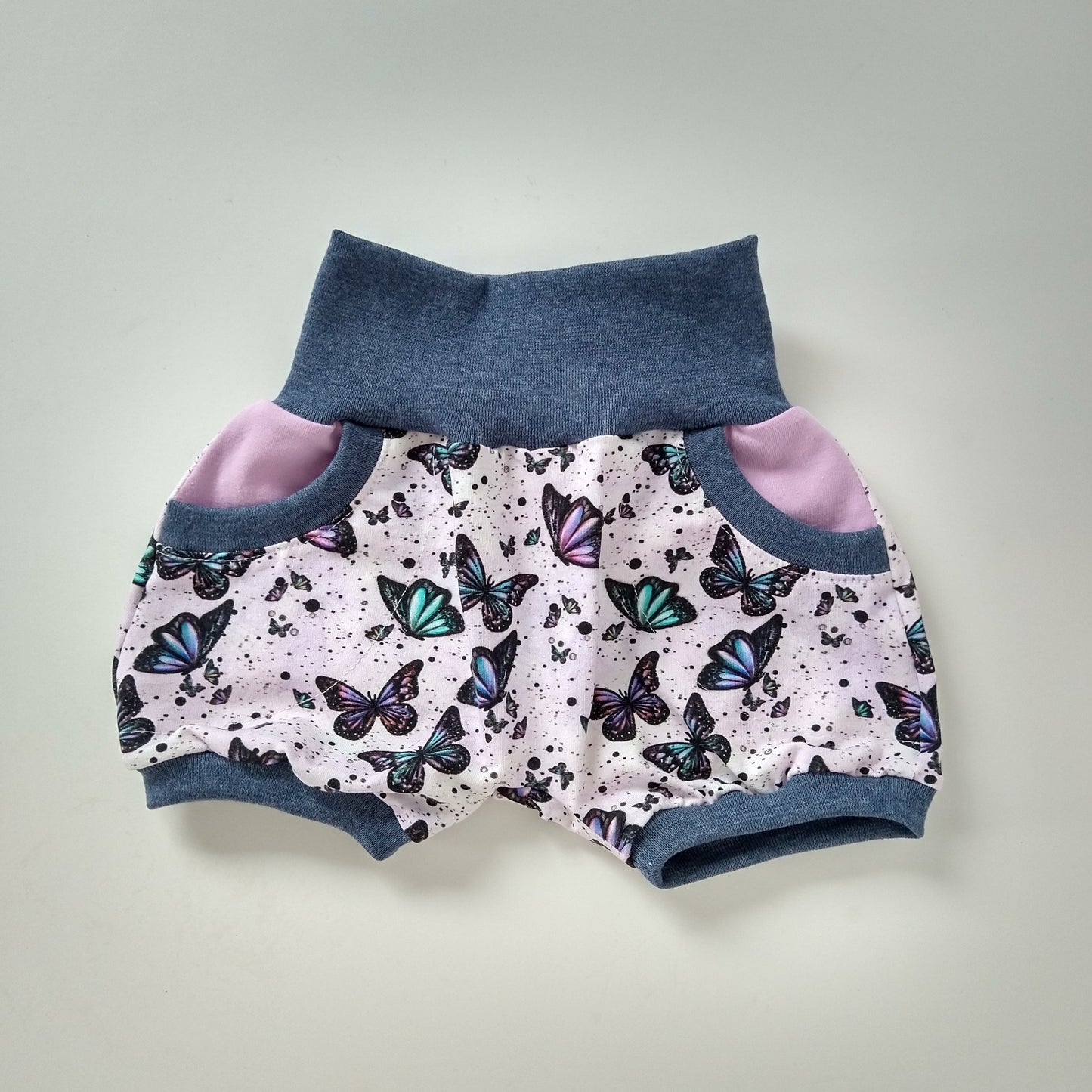 Baby summer shorts, size EUR 74 cm / US 7-9 months, purple butterfly mix and match (Handmade in Canada)