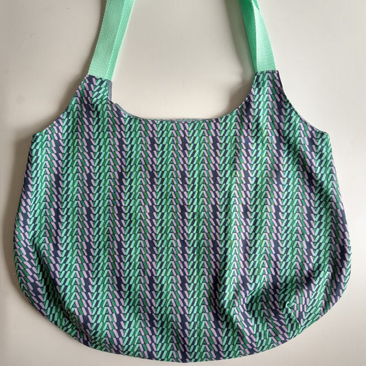 Shopping bag, reversible, size small, green blue purple (Handmade in Canada)