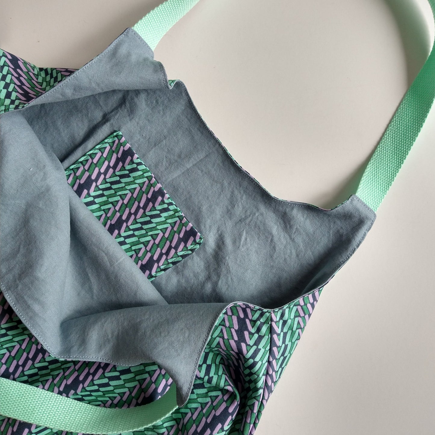 Shopping bag, reversible, size small, green blue purple (Handmade in Canada)