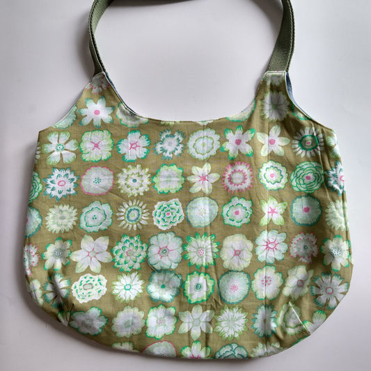 Shopping bag, reversible, size small, green flowers (Handmade in Canada)
