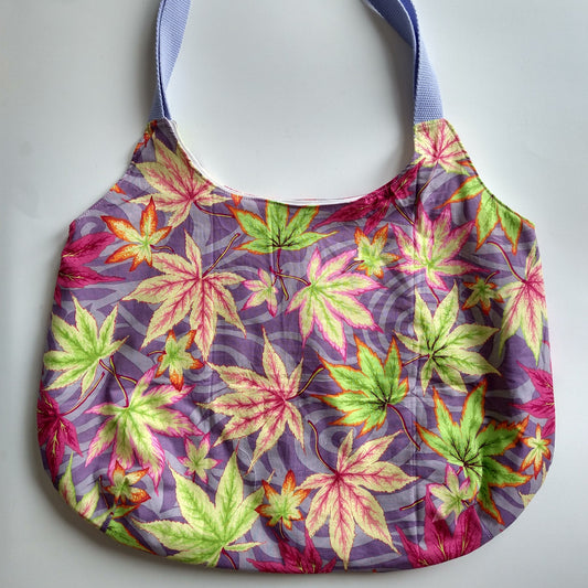 Shopping bag, reversible, size small, colorful leaves purple (Handmade in Canada)