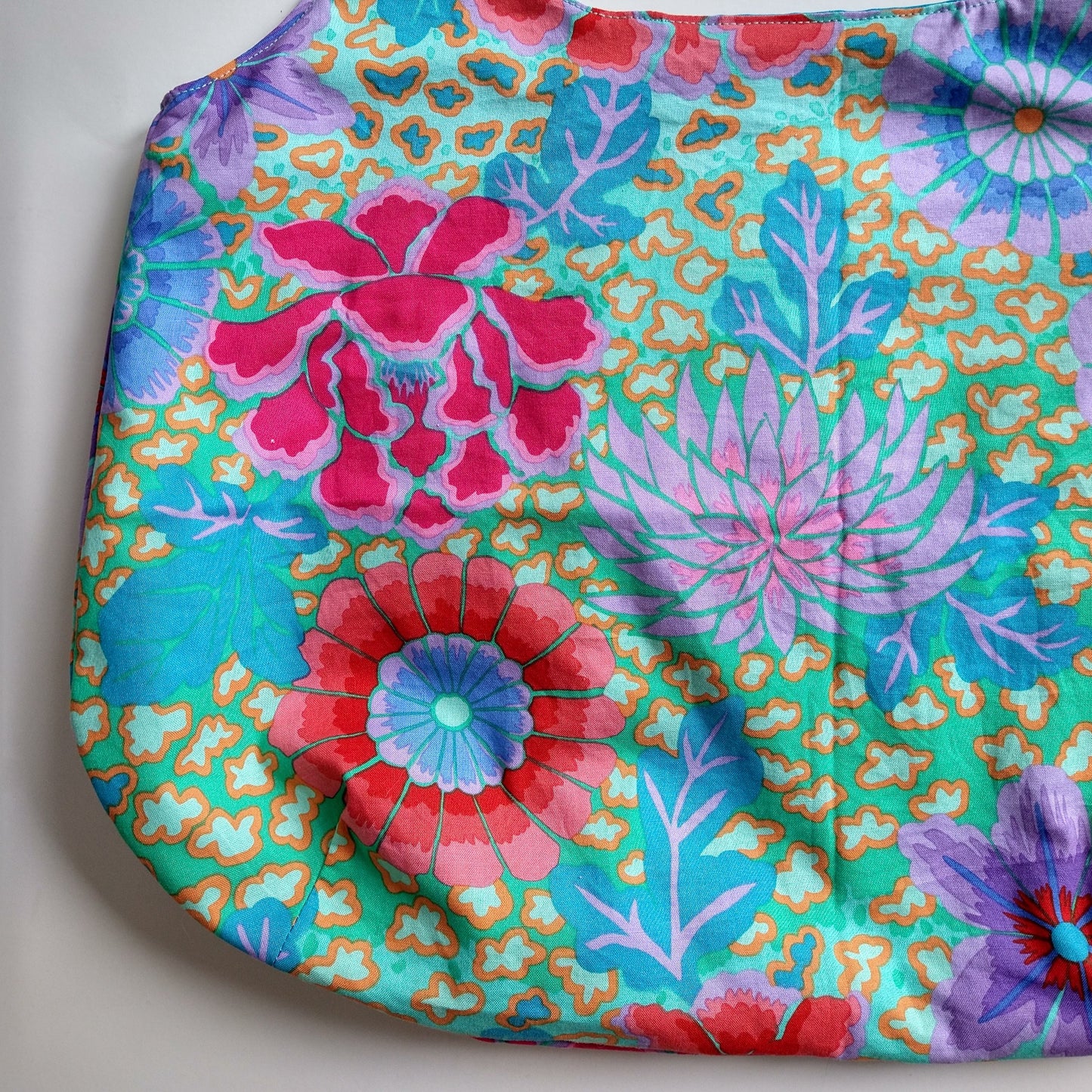 Shopping bag, reversible, size small, colorful flowers allover (Handmade in Canada)