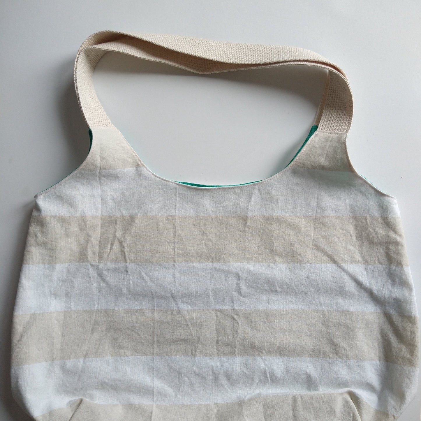 Shopping bag, reversible, size medium, natural stripes turquoise (Handmade in Canada)