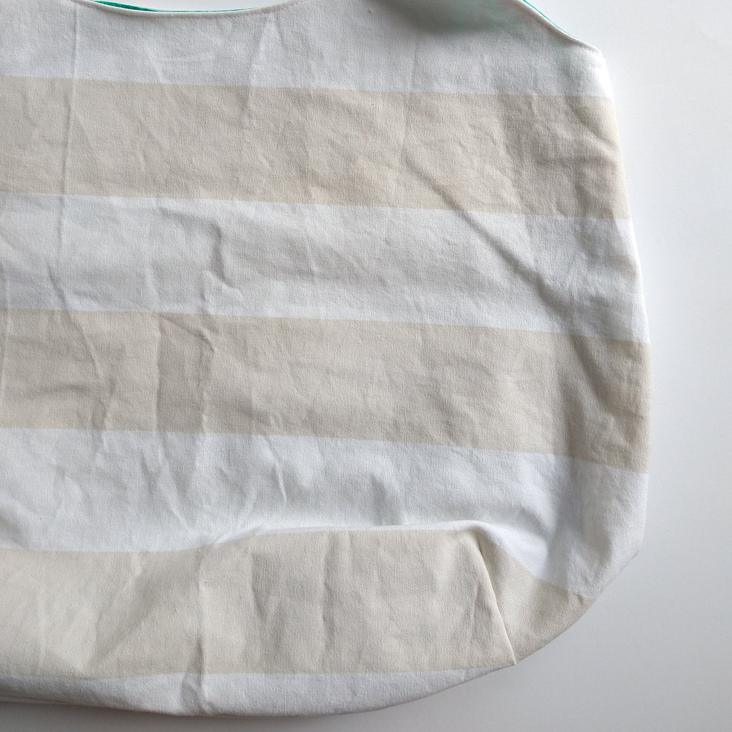 Shopping bag, reversible, size medium, natural stripes turquoise (Handmade in Canada)