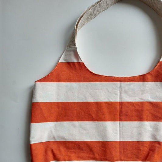 Shopping/beach bag, reversible, size large, orange stripes and flowers (Handmade in Canada)