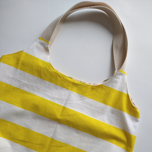 Shopping/beach bag, reversible, size large, yellow stripes jungle (Handmade in Canada)