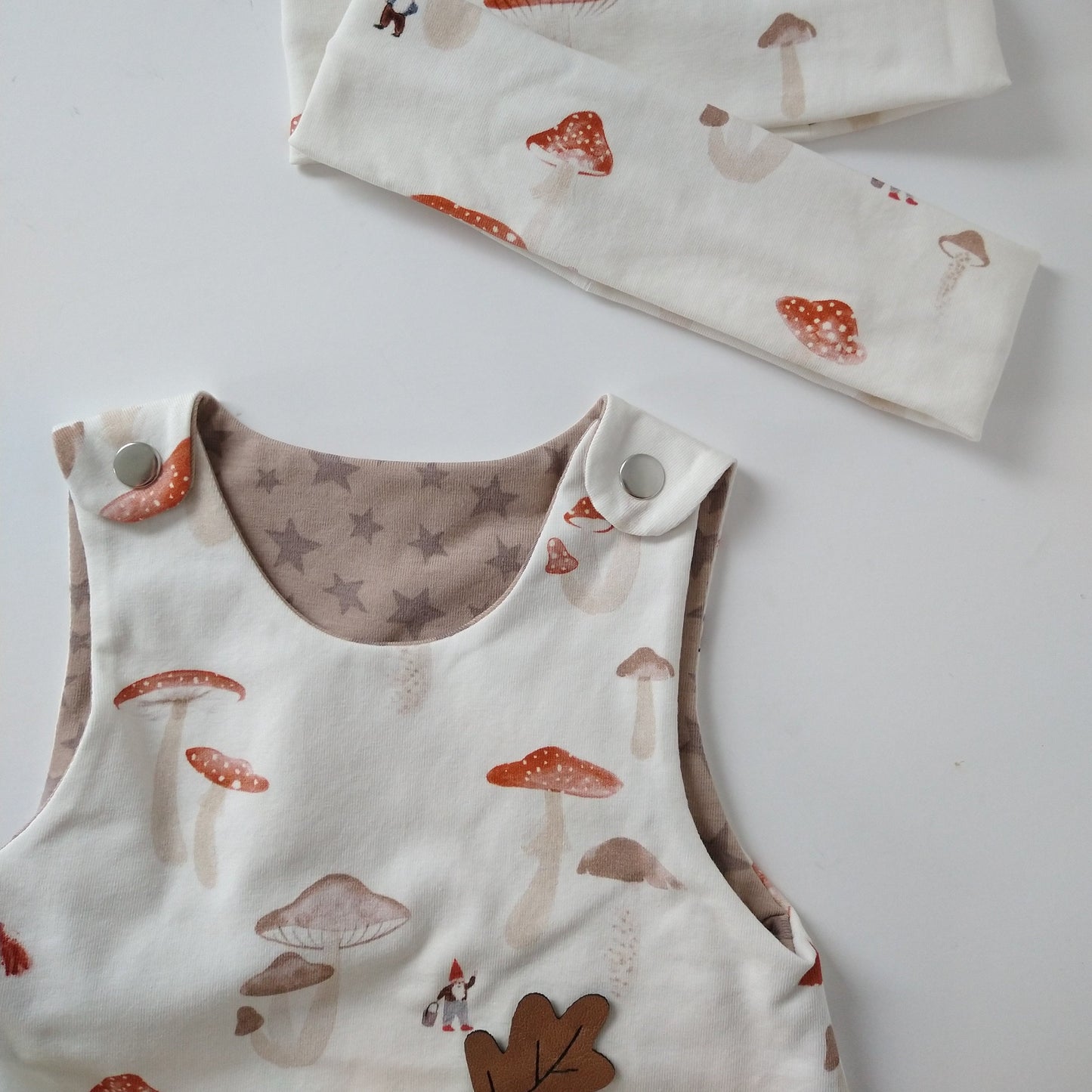 Baby romper, size EUR 68 cm / US 4-6 months, mushroom forest mix and match (Handmade in Canada)
