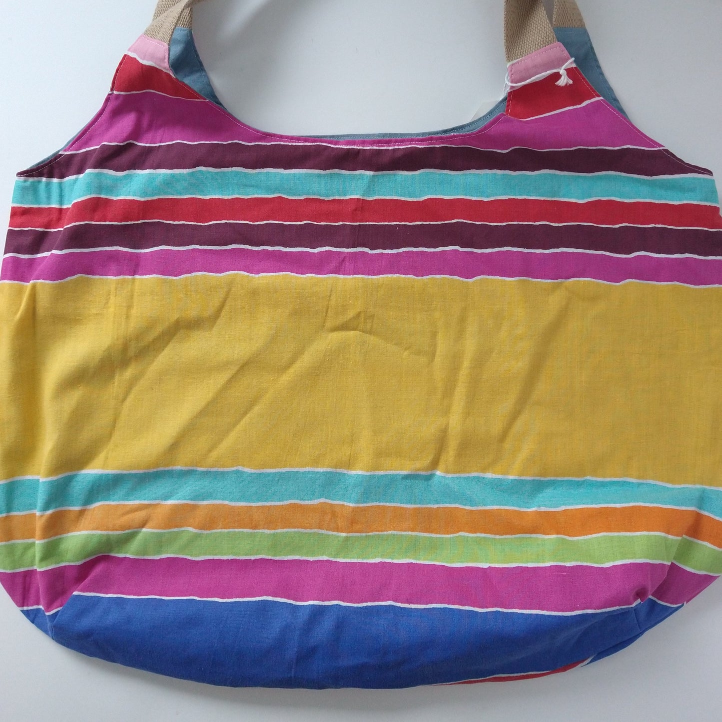 Shopping/beach bag, reversible, size large, multistripes blue (Handmade in Canada)