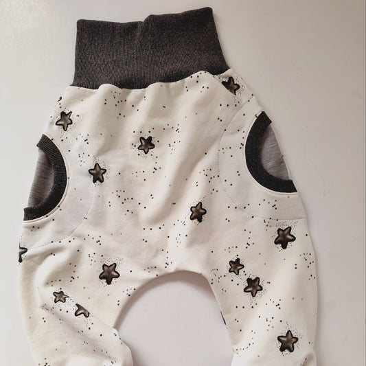 Toddler sweat pants "grow with me", jelly stars grey, size EUR 92-98 cm/US 18-36 months (Handmade in Canada)