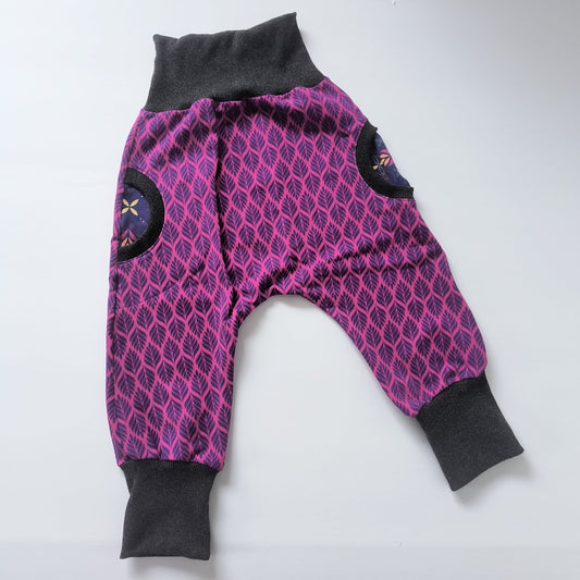 Toddler sweatpants "grow with me", purple leaves, size EUR 92-98 cm/US 18-36 months (Handmade in Canada)