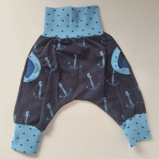 Baby sweat pants "grow with me", maritime anchors, size EUR 68-74 cm/US 4-9 months (Handmade in Canada)