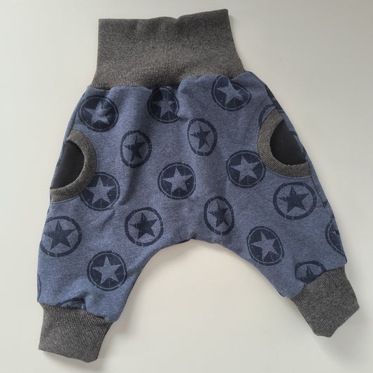 Baby sweat pants "grow with me", blue stars, size EUR 68-74 cm/US 4-9 months (Handmade in Canada)