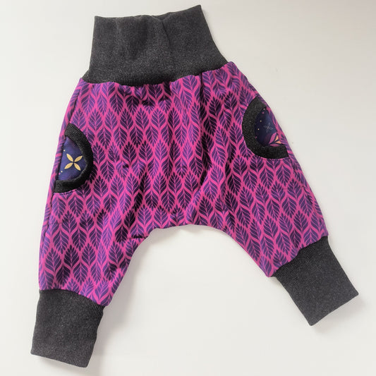 Baby sweat pants "grow with me", purple leaves, size EUR 68-74 cm/US 4-9 months (Handmade in Canada)