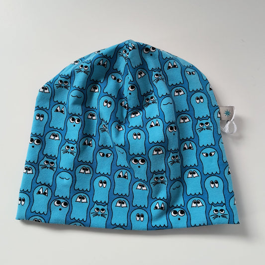 Baby beanie hat, blue ghosts, size EUR 46 cm head circumference/US 7-9 months (Handmade in Canada)