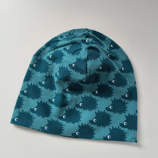 Baby beanie hat, turquoise hedgehogs, size EUR 46 cm/US 7-9 months (Handmade in Canada)
