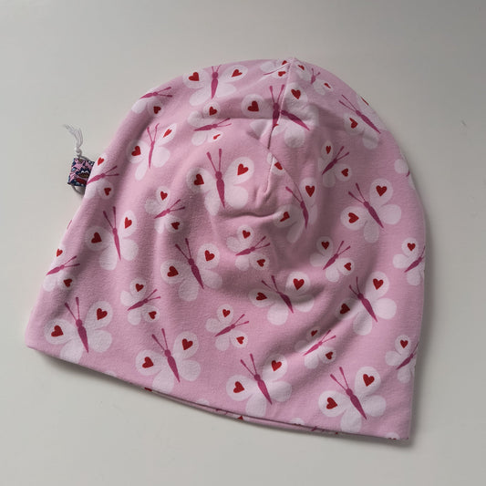 Baby beanie hat, pink butterflies, size EUR 46 cm head circumference/US 7-9 months (Handmade in Canada)