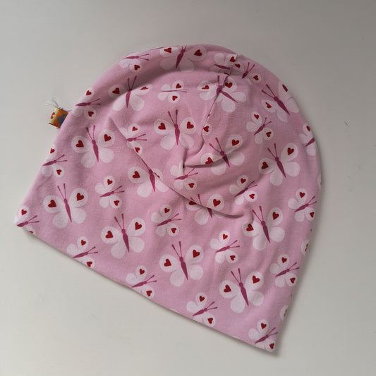 Baby beanie hat, pink butterflies, size EUR 48 cm head circumference/US 9-12 months (Handmade in Canada)