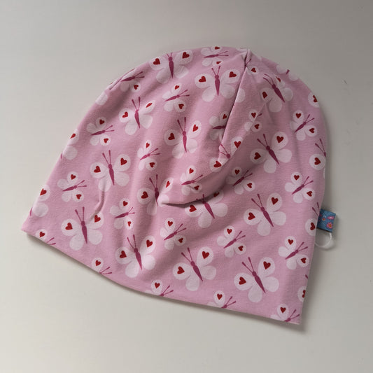 Baby or toddler beanie hat, pink butterflies, size EUR 50 cm head circumference/US 1-2 years (Handmade in Canada)