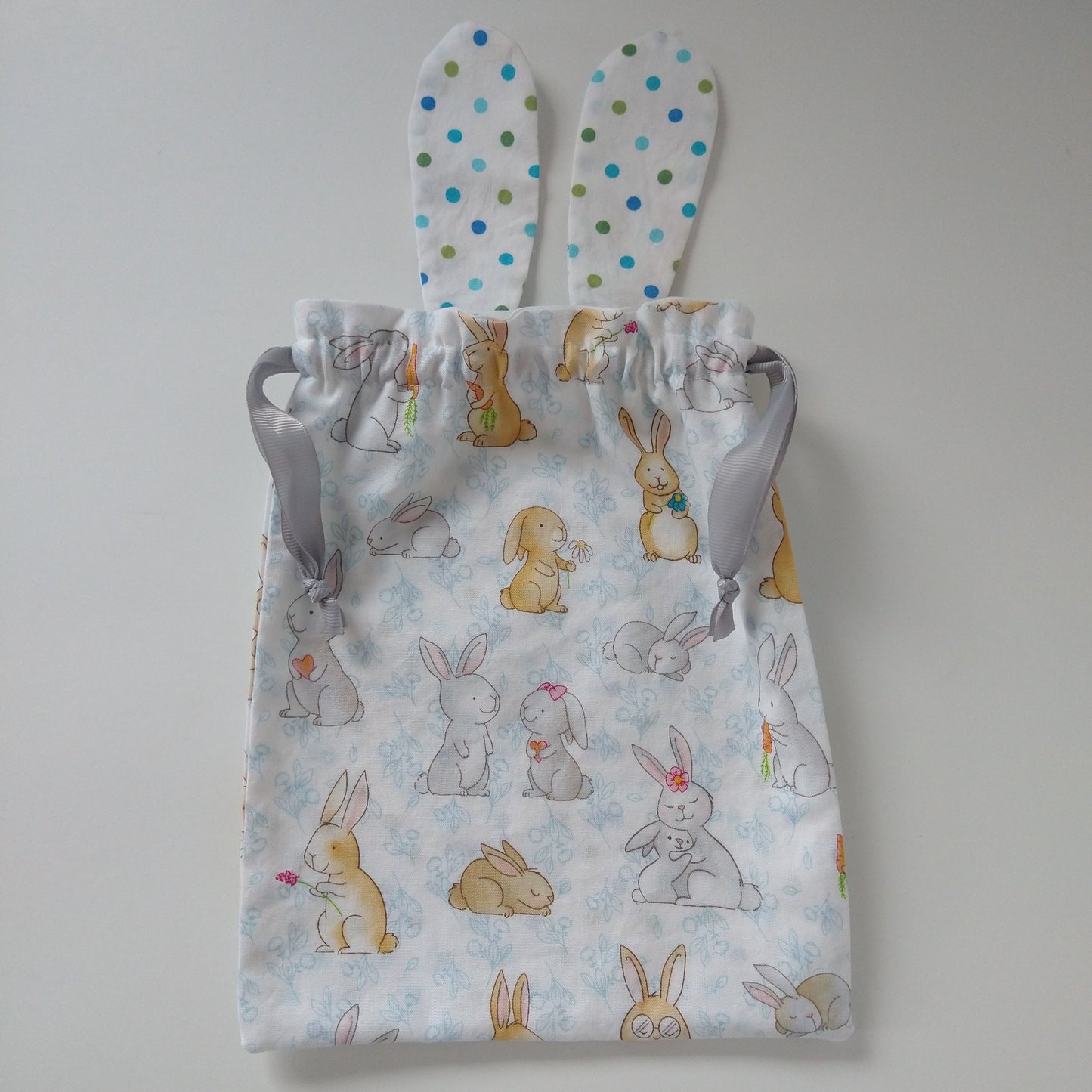 Easter treat bags, handmade and reusable, white bunny green dots, size medium