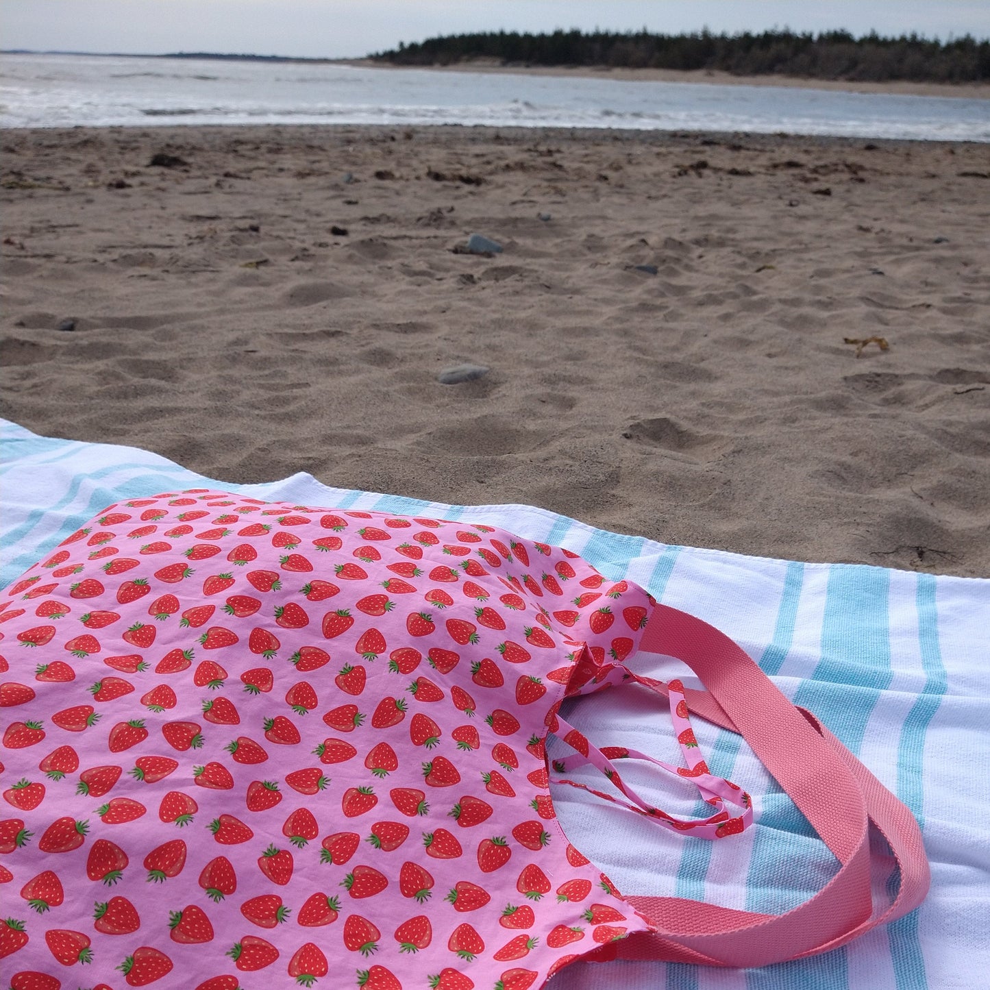 Shopping/Beach bag, reversible, size large, pink strawberries (Handmade in Canada)