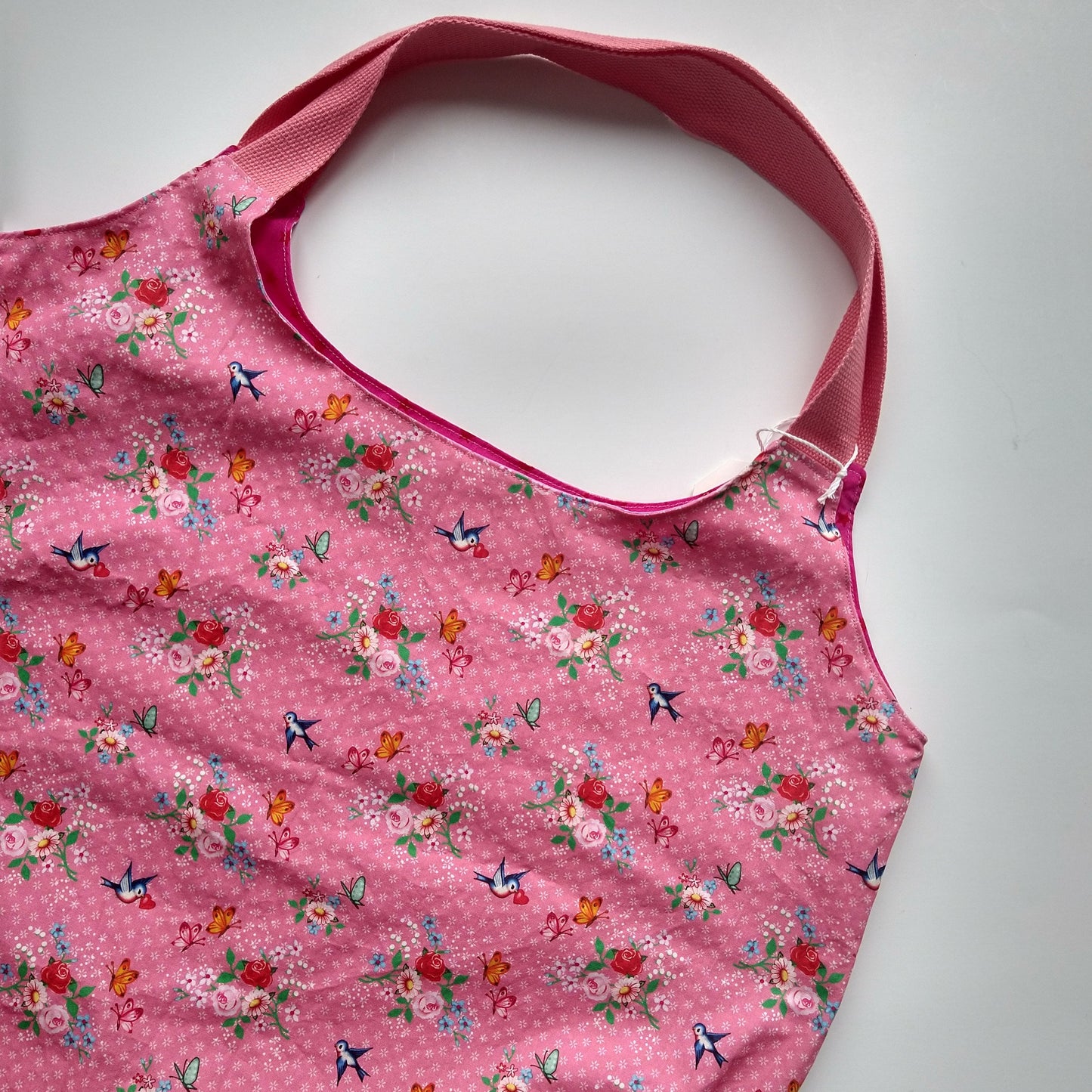 Shopping/Beach bag, reversible, size large, pink flowers and birds (Handmade in Canada)