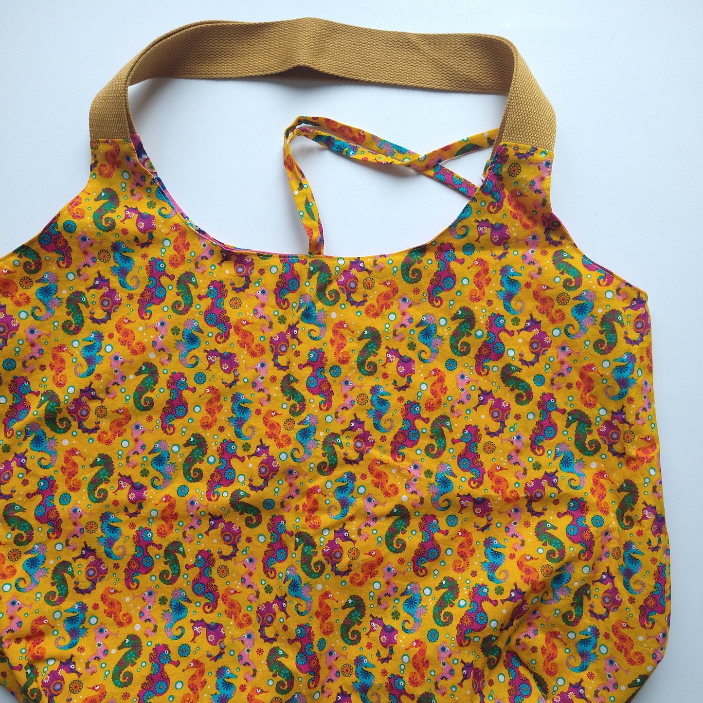 Shopping/Beach bag, reversible, size large, yellow seahorses (Handmade in Canada)